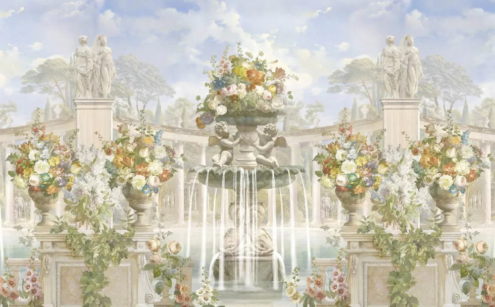 Flowers with a fountain in the garden