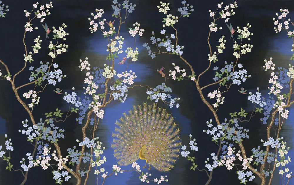 Peacock in flowering trees