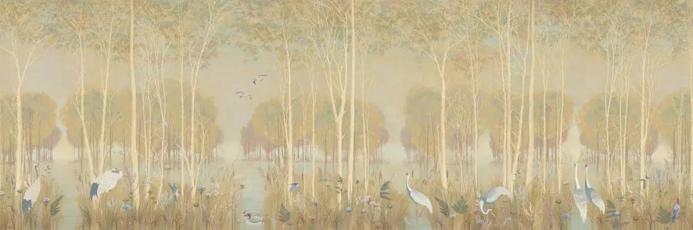 Storks in a forest sunset