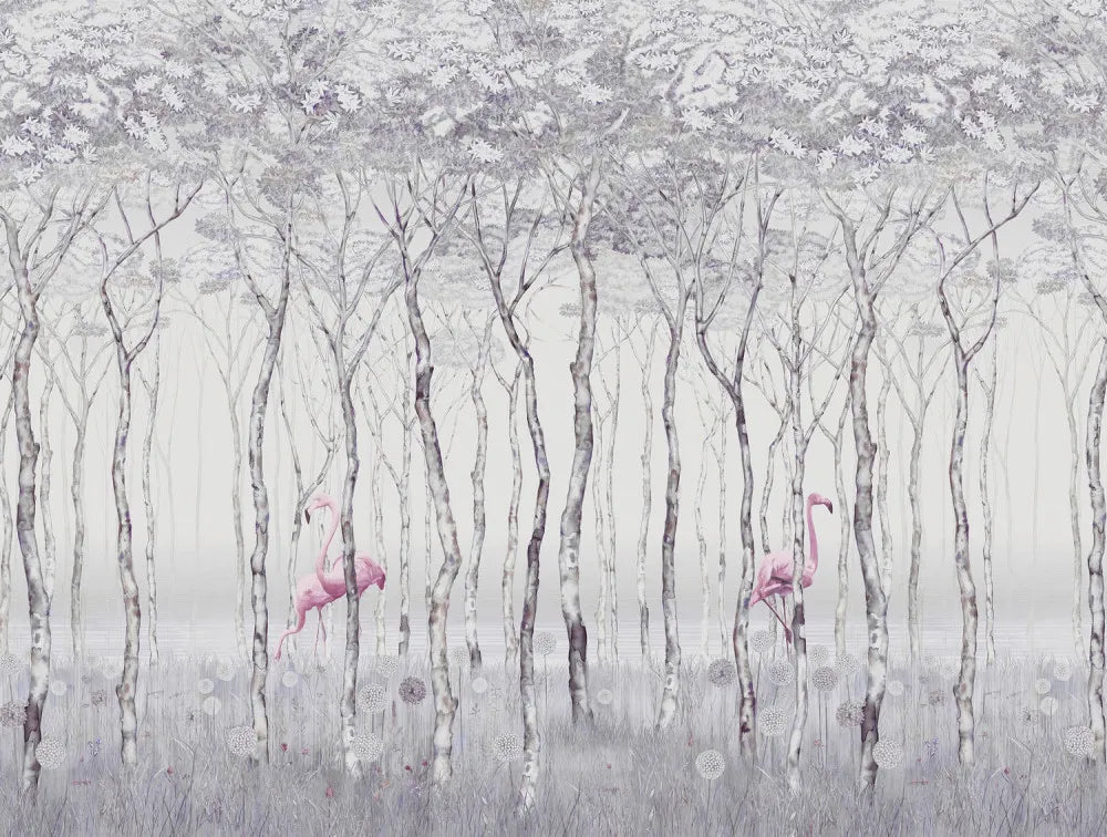 Flamingos in evening forest