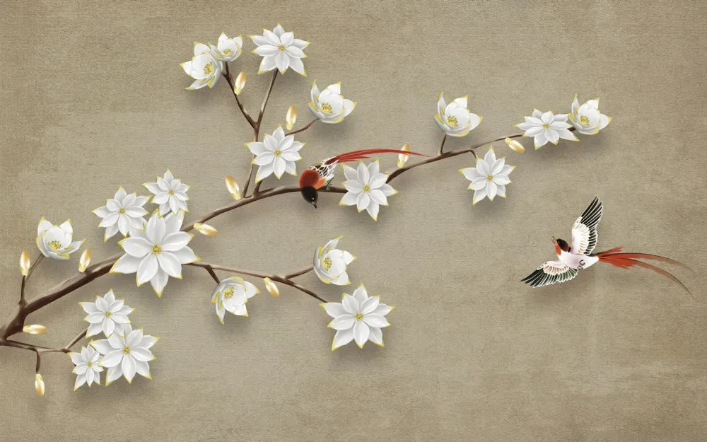 Flowering branch with birds 3D