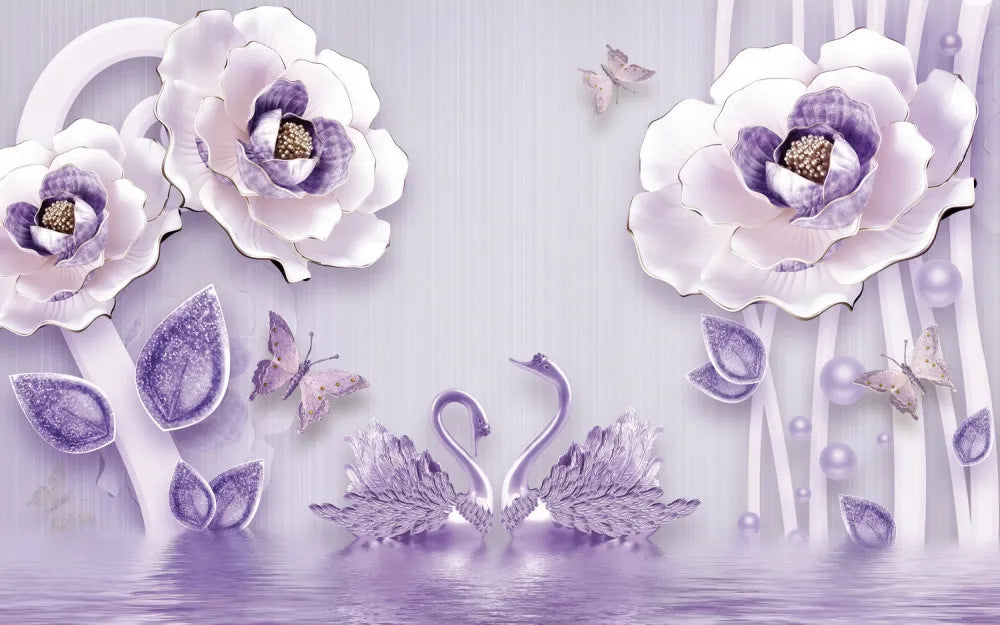 Marvelous purple flowers with 3D swans