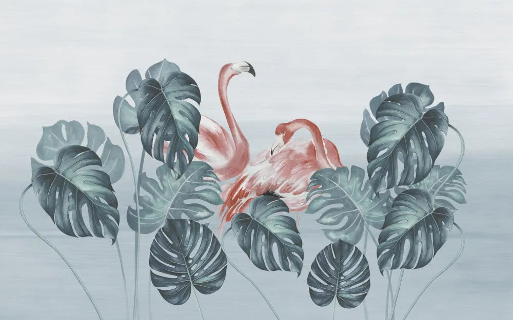 Flamingos and monstera leaves