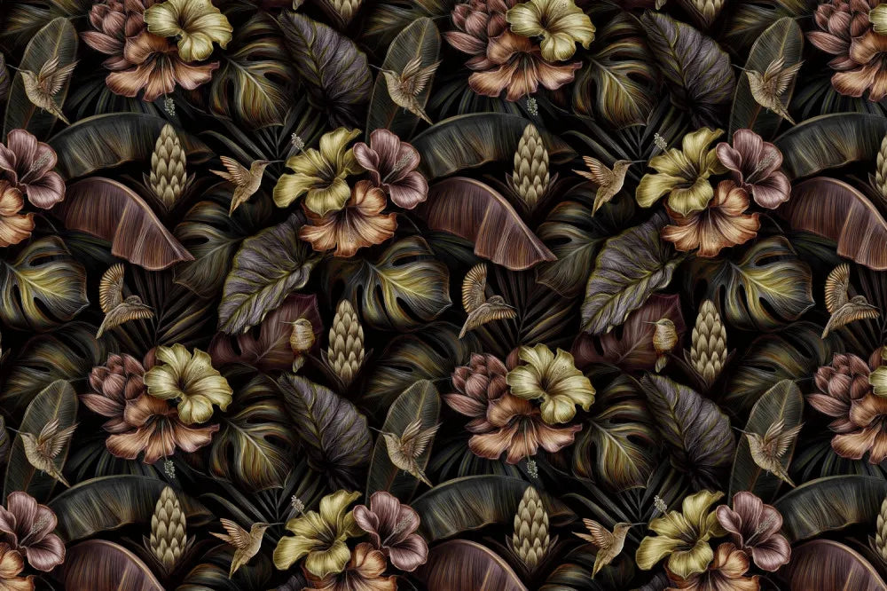 Tropical flowers with birds