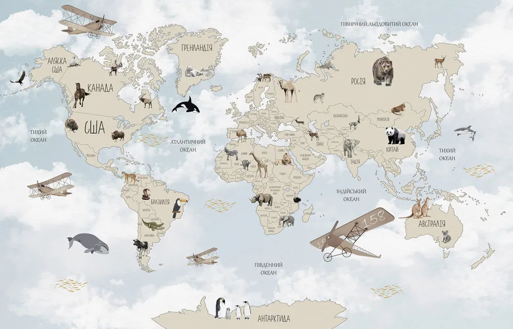Light world map with animals