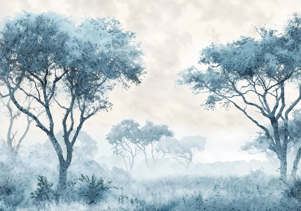 Blue trees in fog