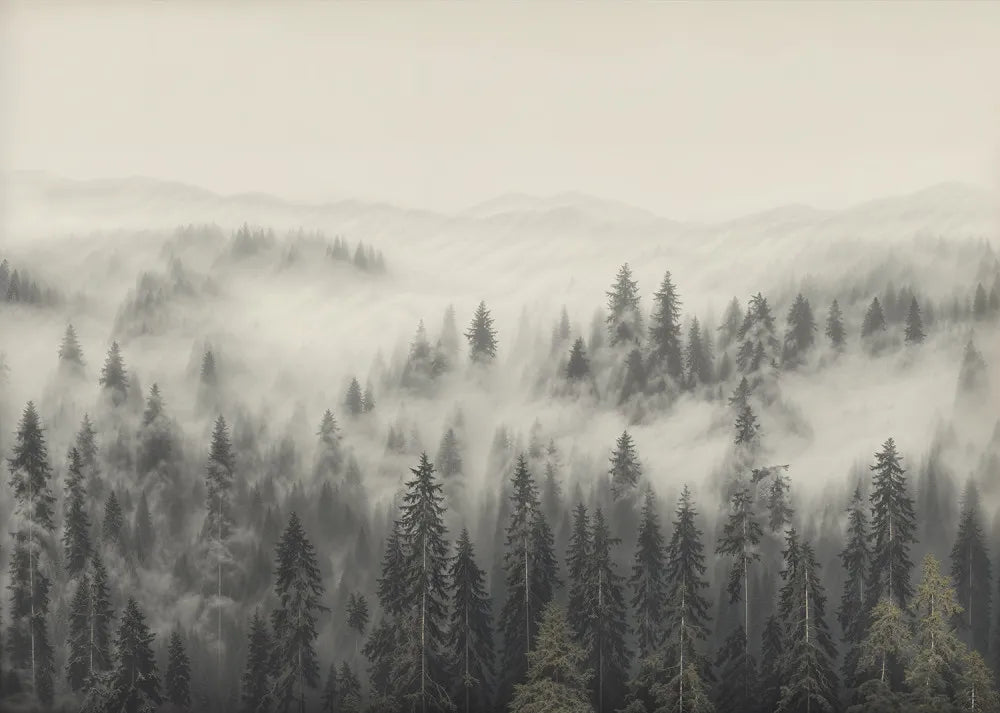 Pine forest in fog