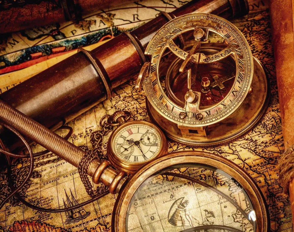 Sextant, map, compass