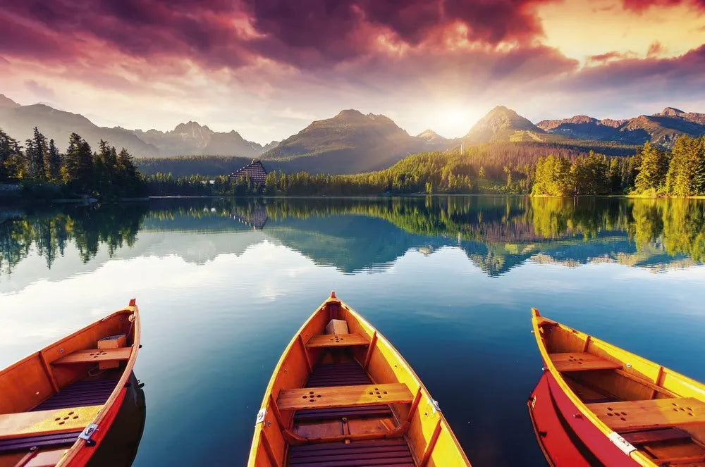 Boats on a mountain lake