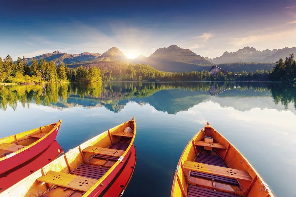 Boats on a mountain lake