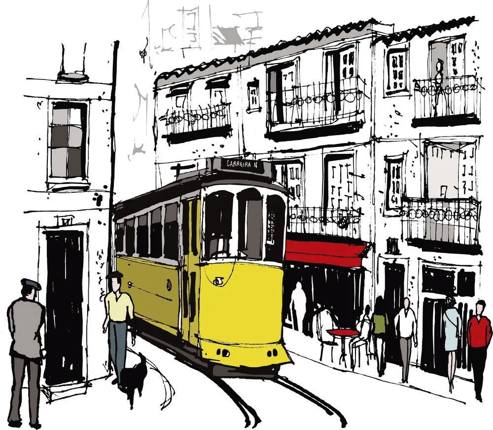 The tram on narrow street