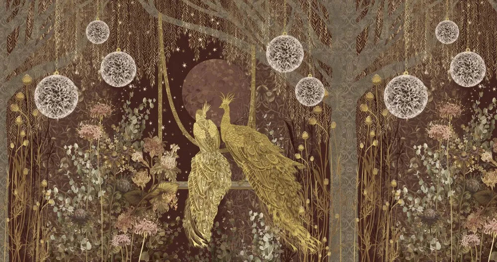 Peacocks in evening forest