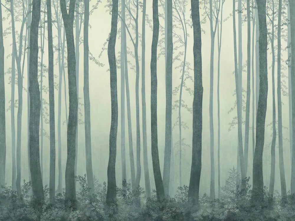 Green forest in the fog