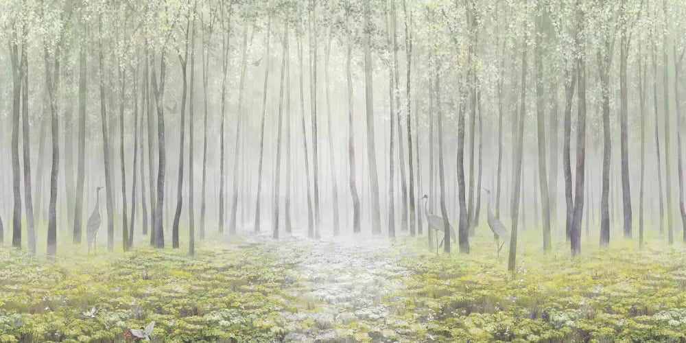 Spring forest in fog