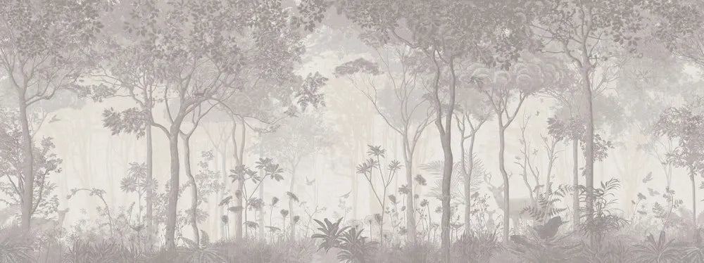 Misty forest at sunset