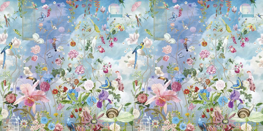 Birds in a colourful garden