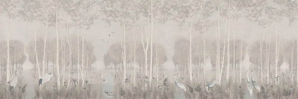 Storks in evening forest