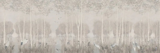 Storks in evening forest