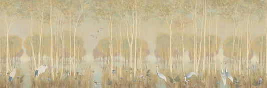 Storks in a forest sunset