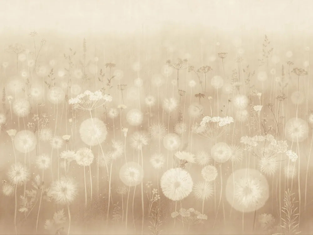 Field of dandelions in the mist