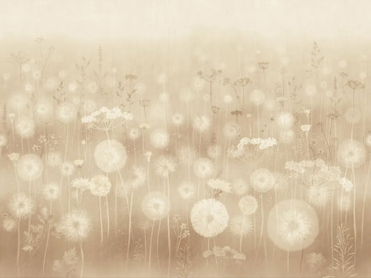 Field of dandelions in the mist