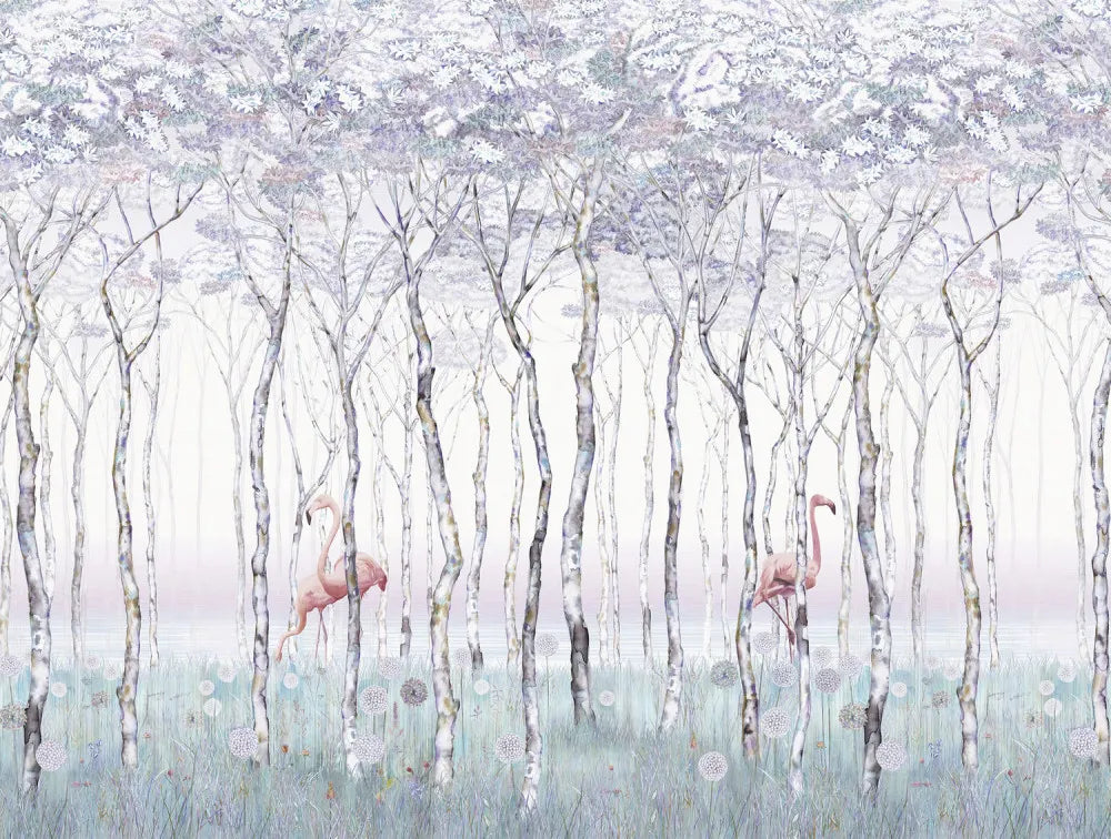 Flamingos in summer forest