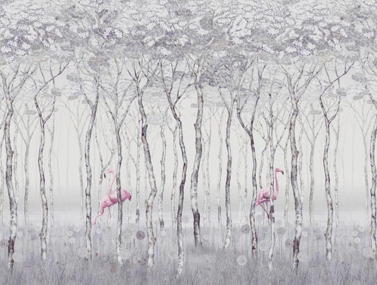 Flamingos in evening forest