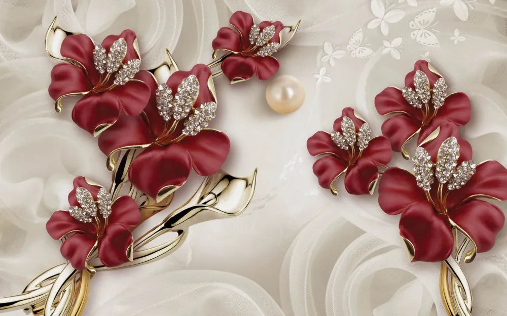Red flowers with diamonds 3D