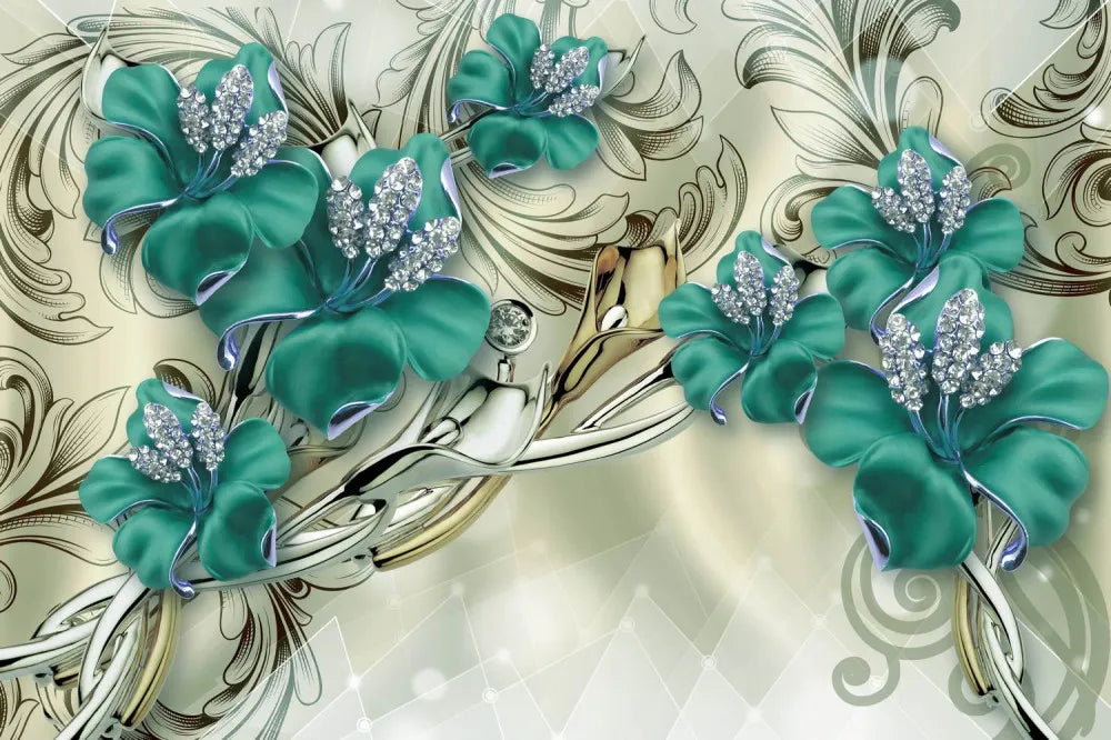 Turquoise flowers with diamonds 3D