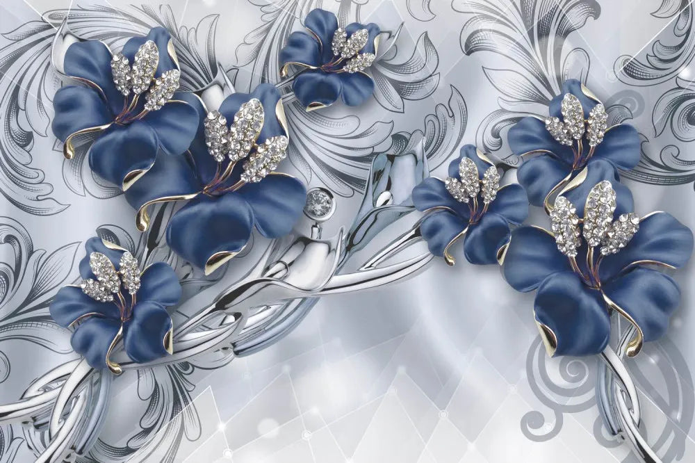 Blue flowers with diamonds 3D