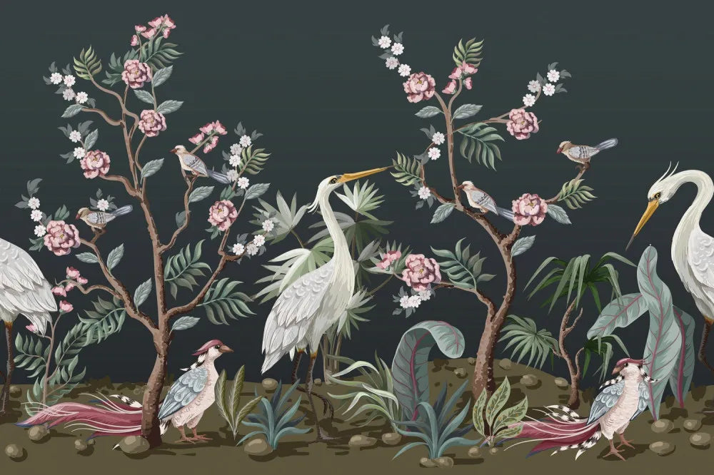 Blooming garden with birds on a black background