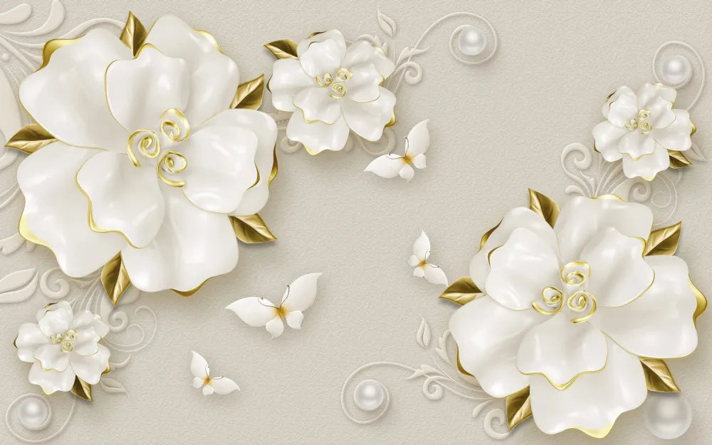 White flowers with butterflies 3D