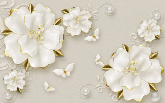 White flowers with butterflies 3D