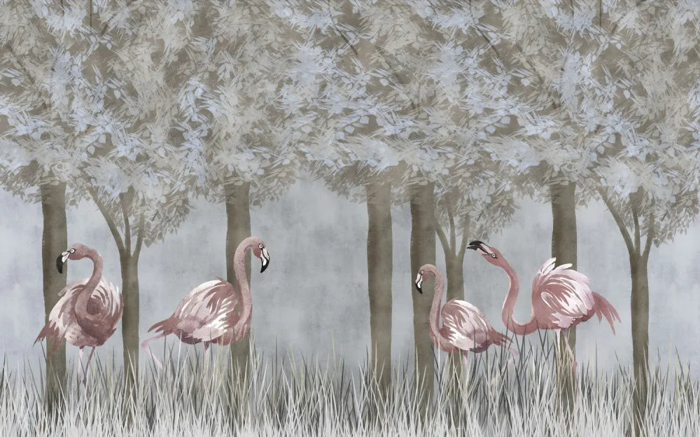 Flamingos in evening garden