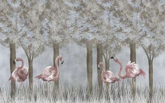 Flamingos in evening garden