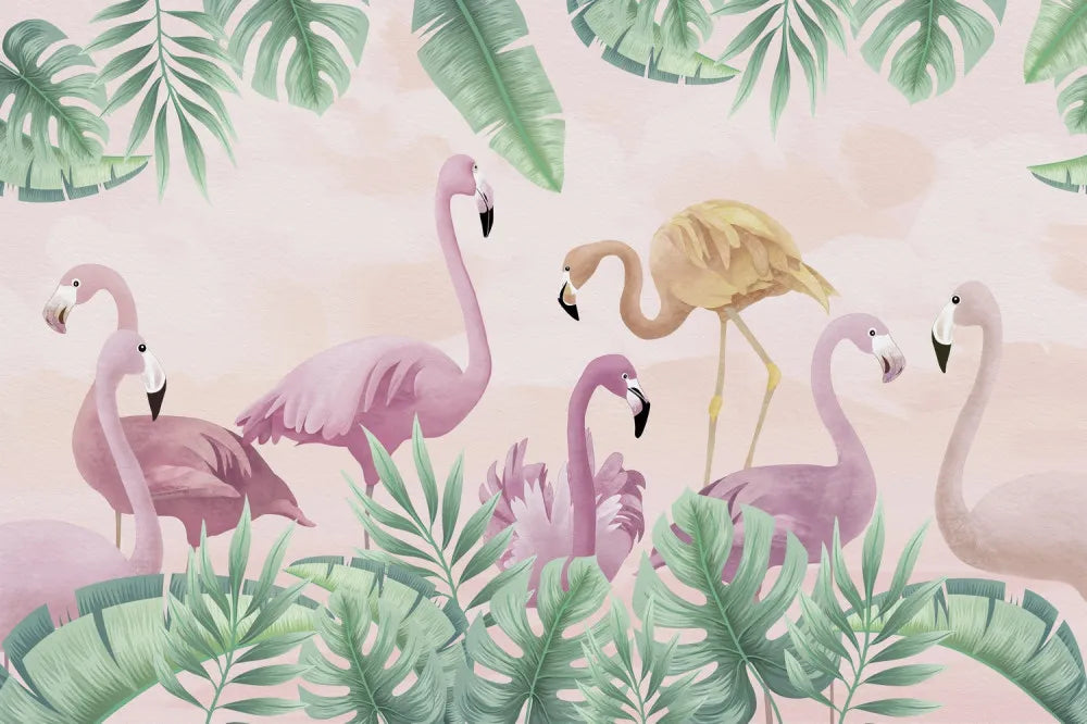 Flamingo with leaves, drawing