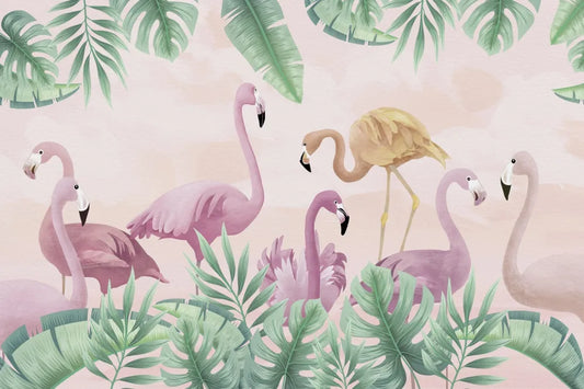 Flamingo with leaves, drawing