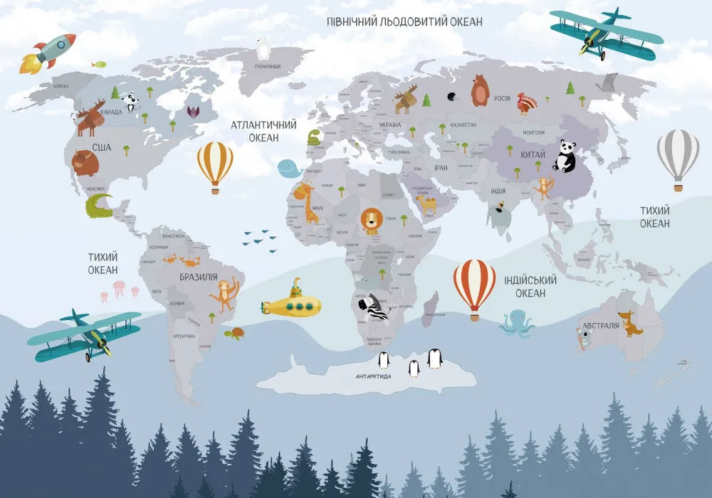 World map with animals, ukr