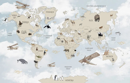 Light world map with animals